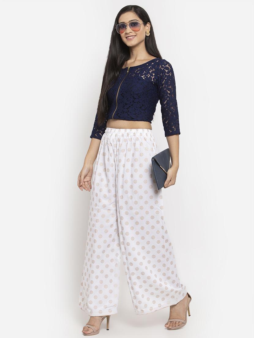 white printed flared palazzo - 17299670 - Standard Image - 3