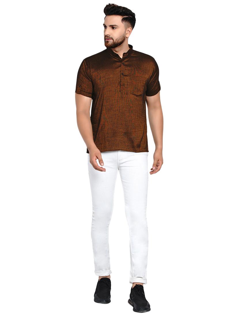 brown solid short kurta - 17332950 - Standard Image - 3