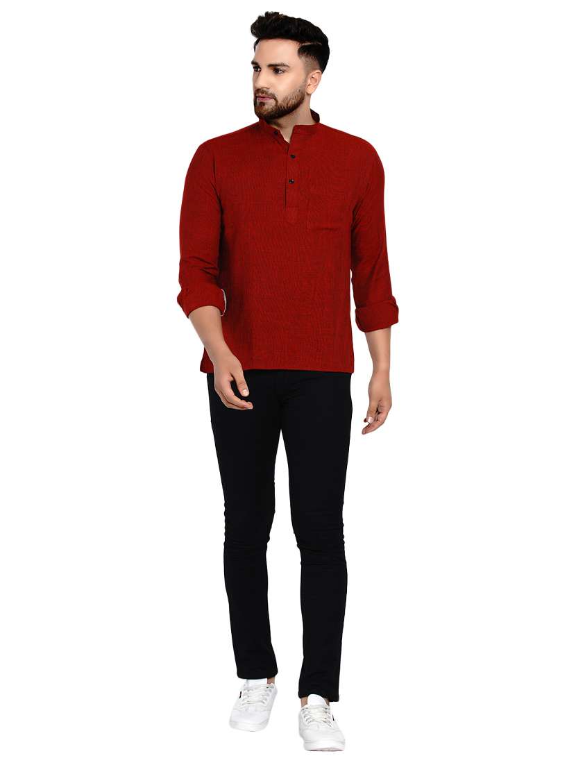 maroon solid short kurta - 17332961 - Standard Image - 3