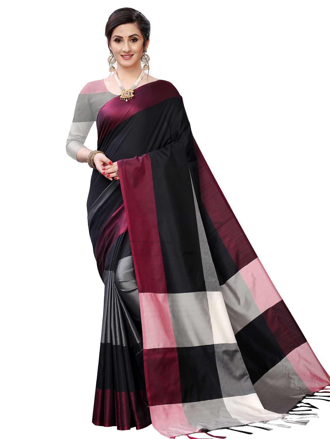 women's color block black colored saree with blouse - 17333053 - Zoom Image - 0