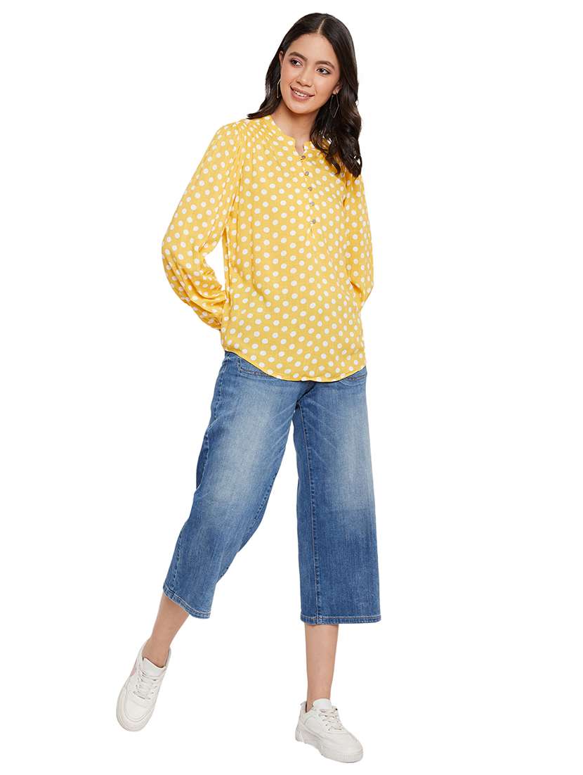 women yellow printed mandarin neck top - 17334049 -  Standard Image - 3