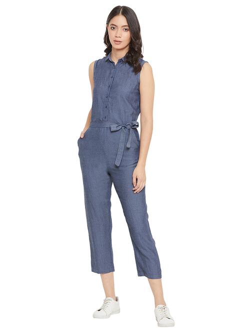 tie front solid jumpsuit - 17334105 - Standard Image - 0