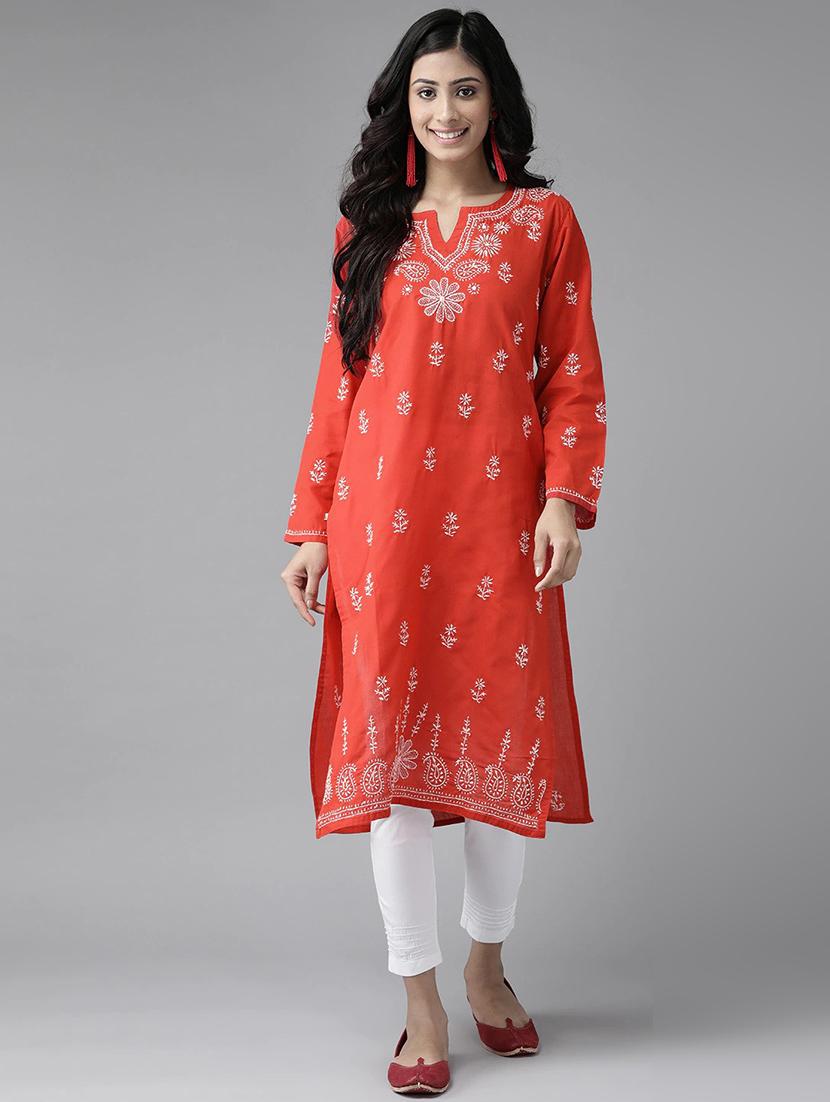 cotton red color women chikankari hand crafted kurta - 17336758 -  Zoom Image - 0