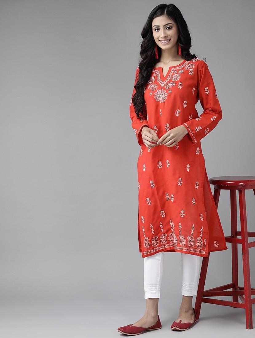 cotton red color women chikankari hand crafted kurta - 17336758 - Standard Image - 3