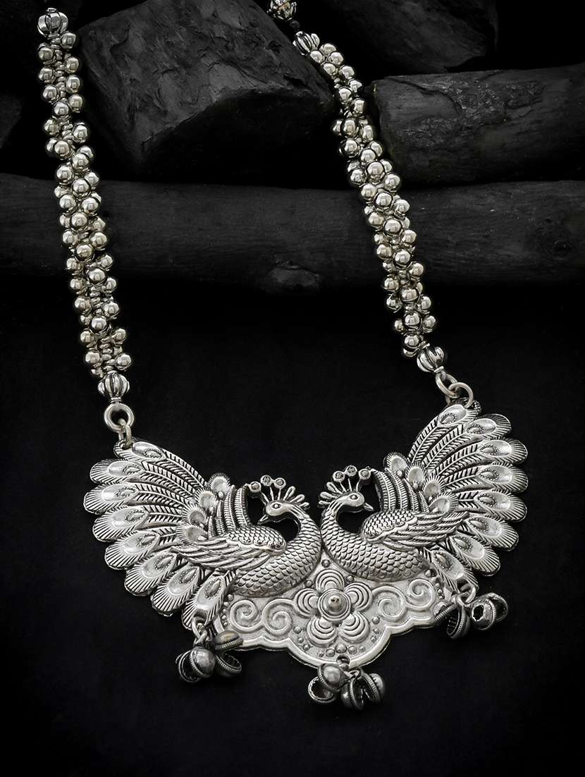 Oxidised Silver Long Necklace With Earring