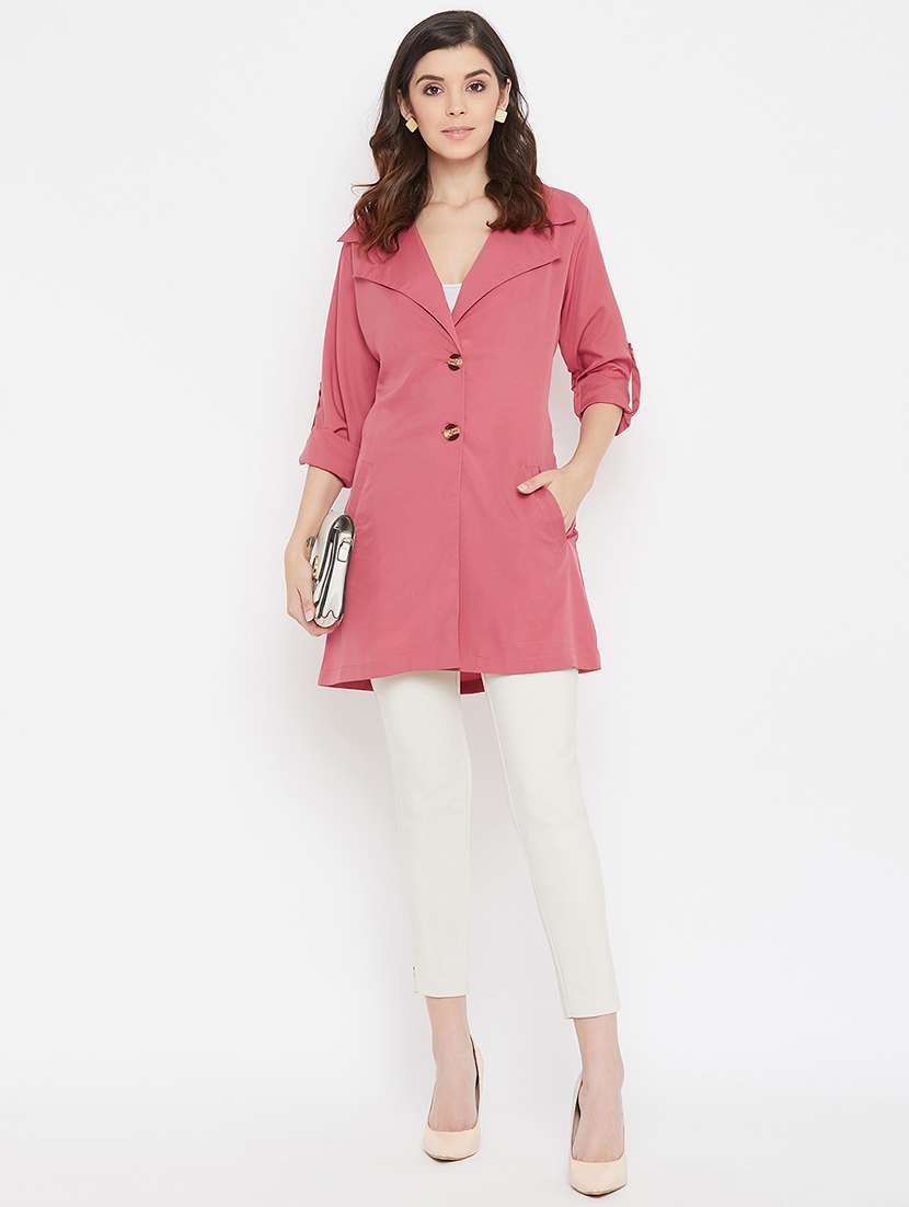 pink lapel neck solid trench coat - 17337075 - Standard Image - 3