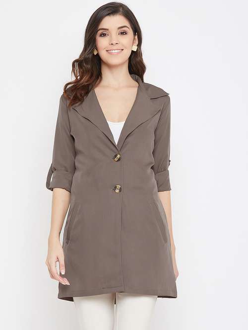 women solid roll-up sleeves long coat - 17337077 - Standard Image - 0