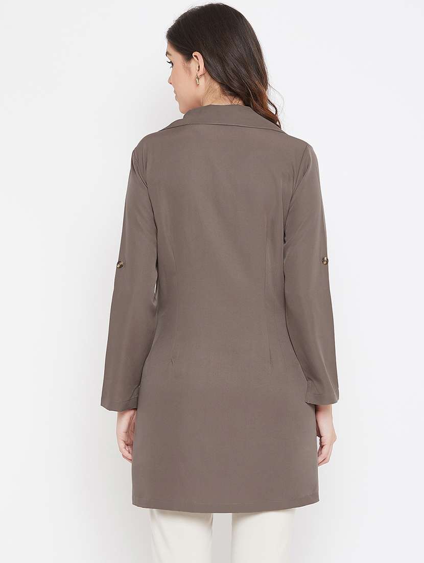 women solid roll-up sleeves long coat - 17337077 - Standard Image - 3