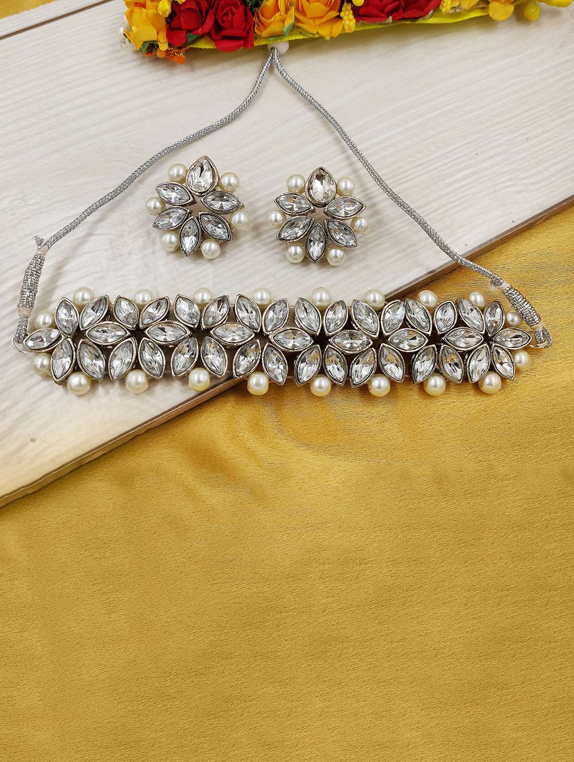 silver choker necklace with earring