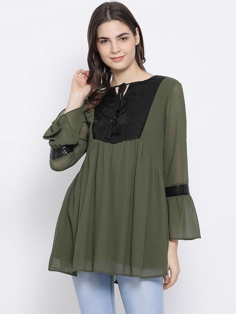 contrast panel bell sleeved top  - 17341805 -  Zoom Image - 0