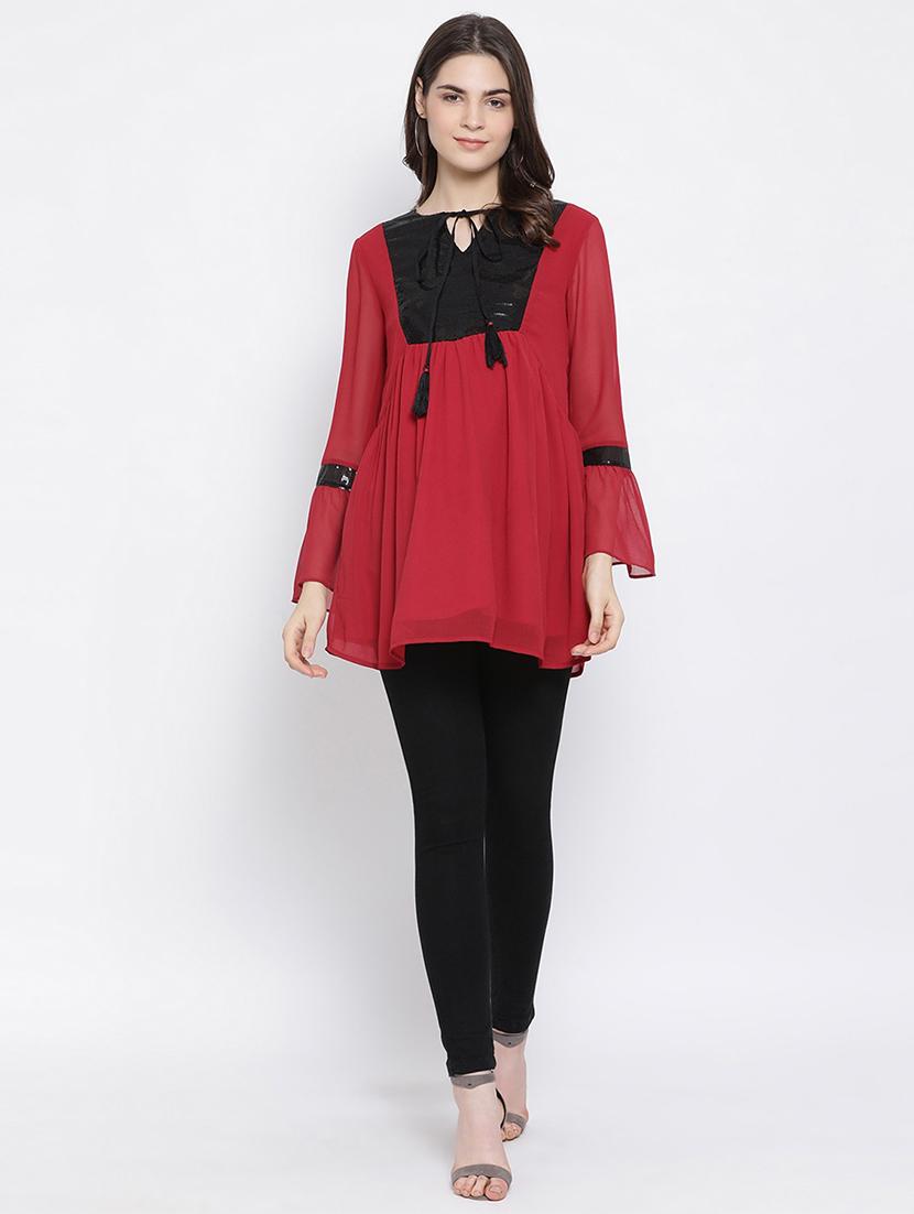 contrast panel bell sleeved top - 17341806 - Standard Image - 3