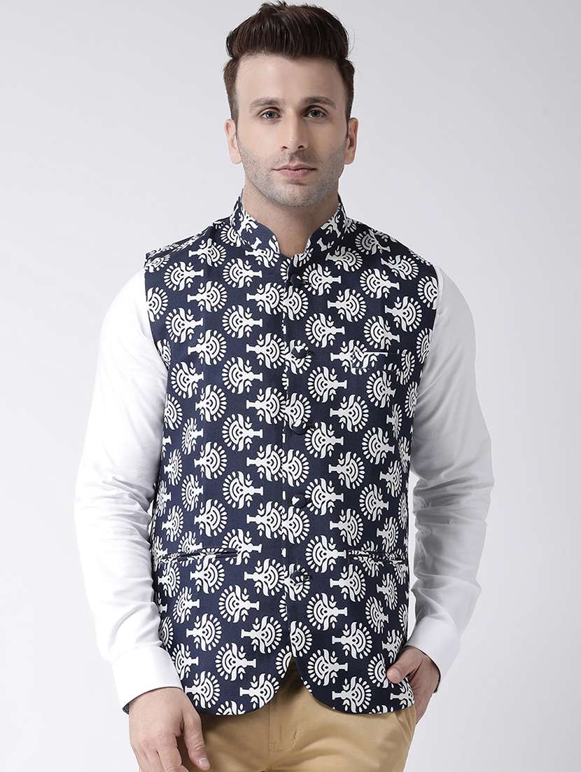 navy blue printed nehru jacket - 17343616 -  Zoom Image - 0