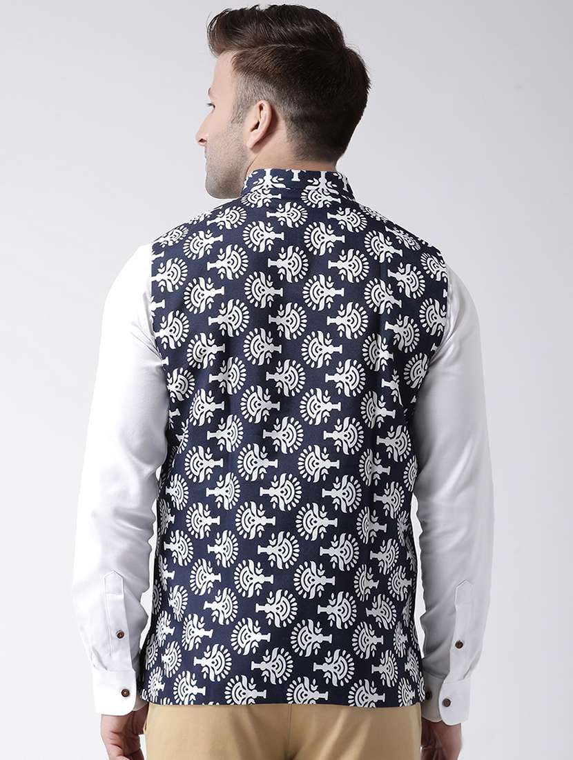 navy blue printed nehru jacket - 17343616 - Standard Image - 3