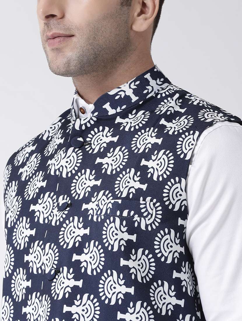 navy blue printed nehru jacket - 17343616 - Standard Image - 5