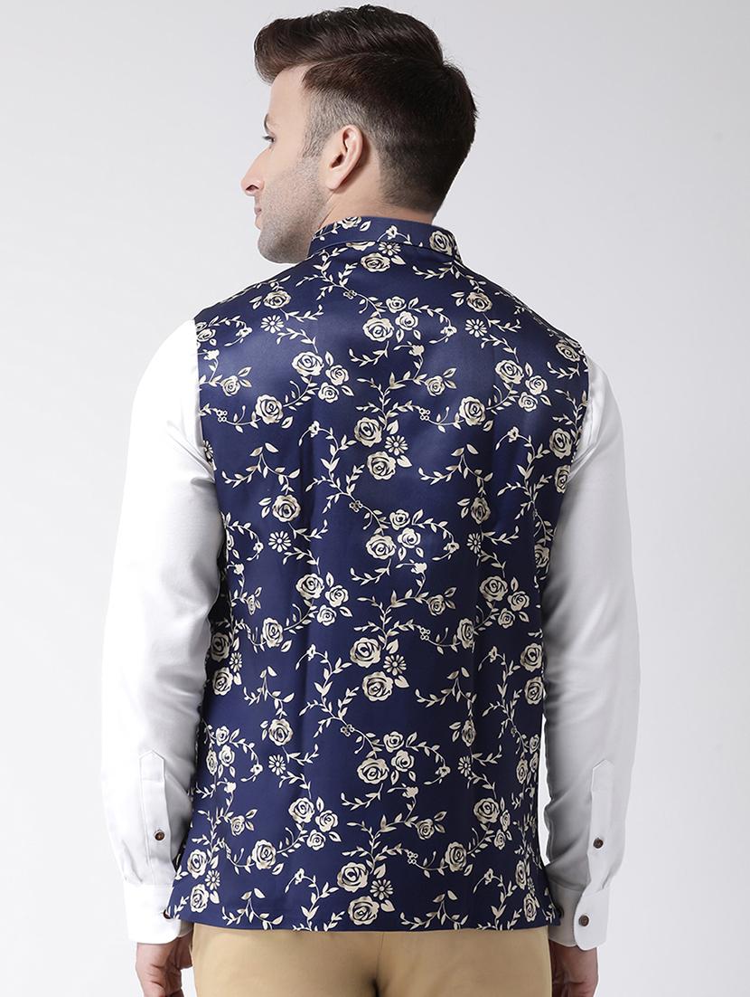 navy blue floral print nehru jacket - 17343620 - Standard Image - 3