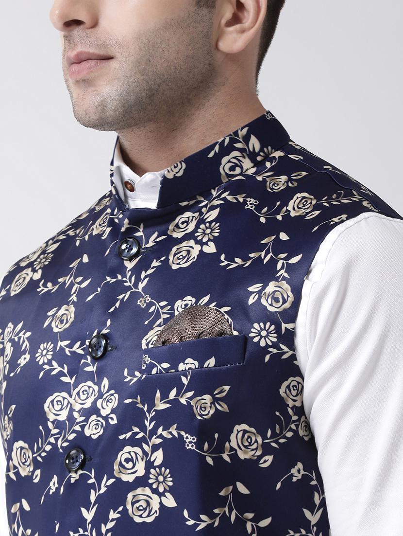 navy blue floral print nehru jacket - 17343620 - Standard Image - 5