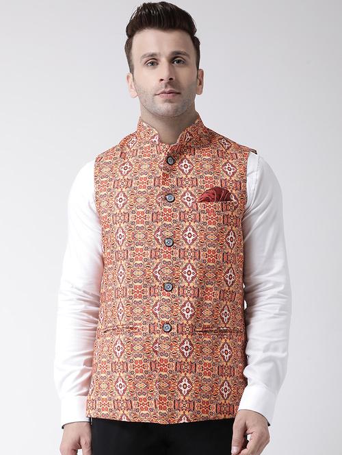 orange printed nehru jacket - 17343625 - Standard Image - 0