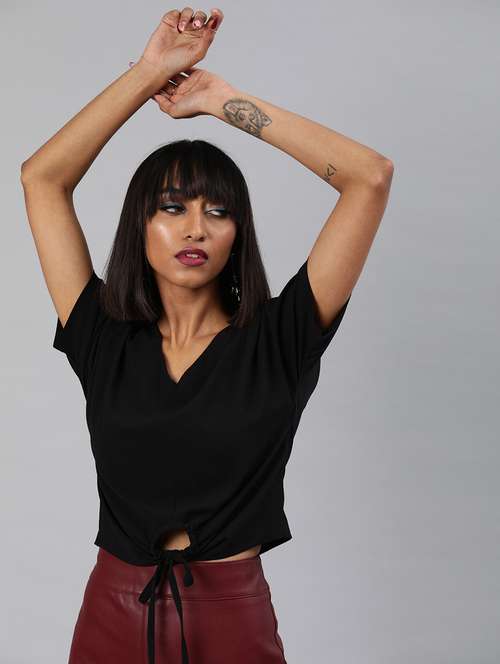 women's solid black v neck top - 17345871 -  Standard Image - 0