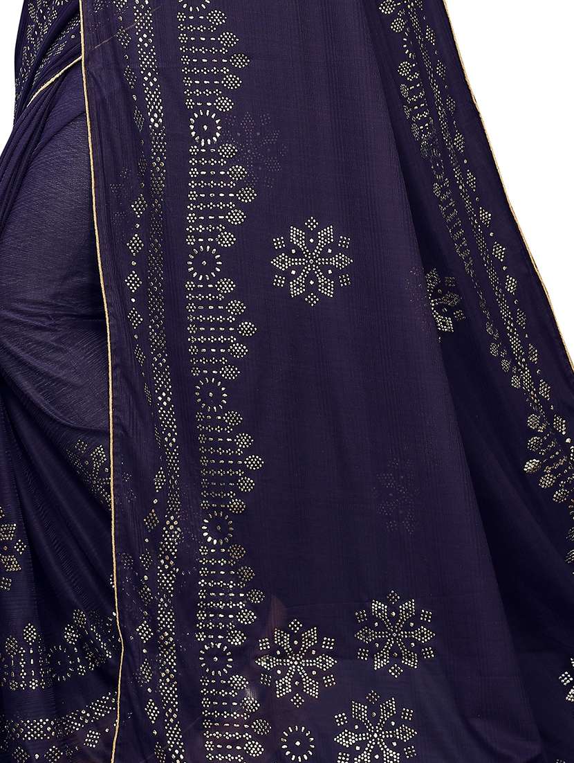 navy lycra plain saree with blouse - 17350528 -  Standard Image - 3