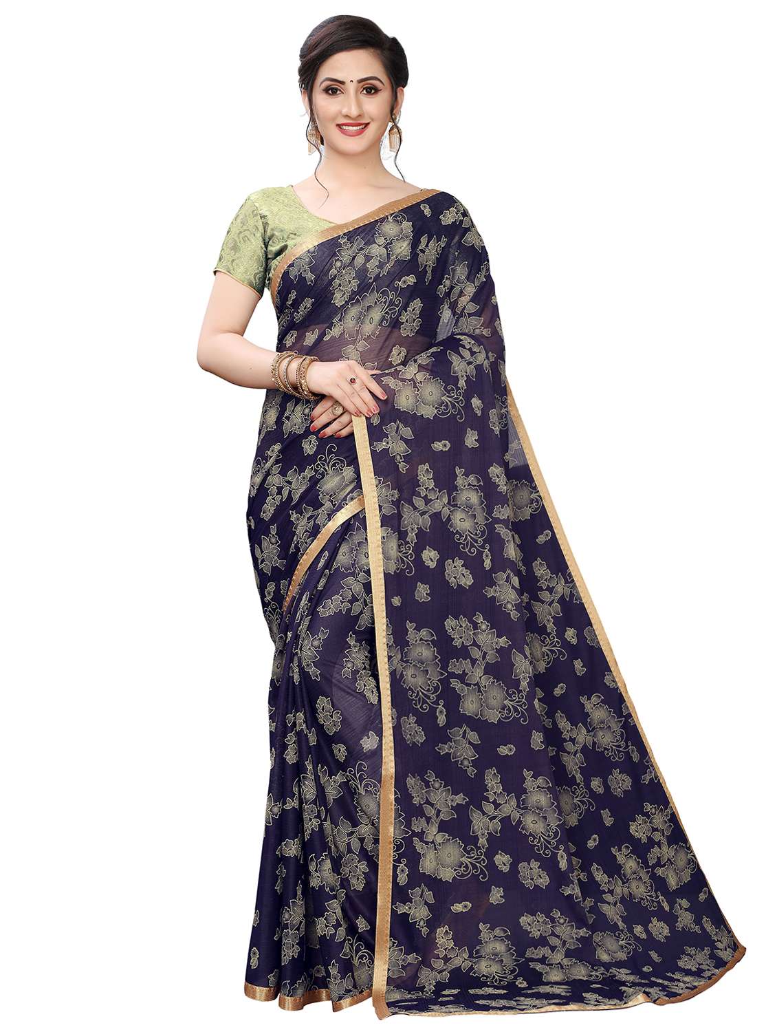 navy lycra printed saree with blouse - 17350535 - Zoom Image - 0