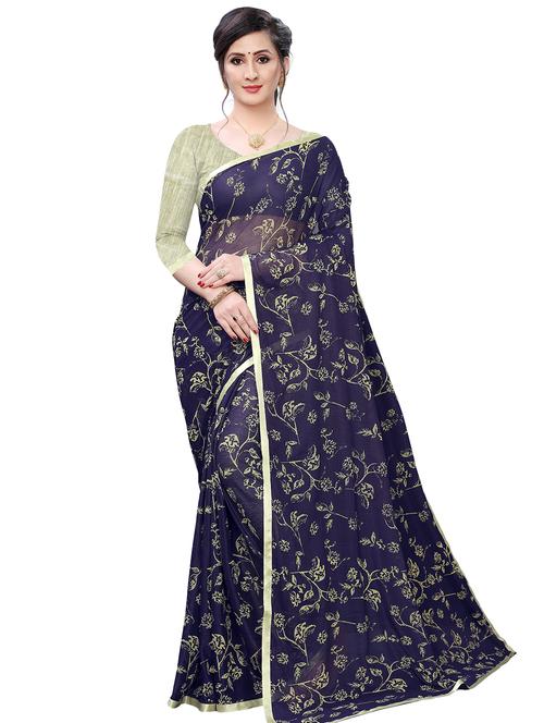 navy lycra printed saree with blouse - 17350537 -  Standard Image - 0