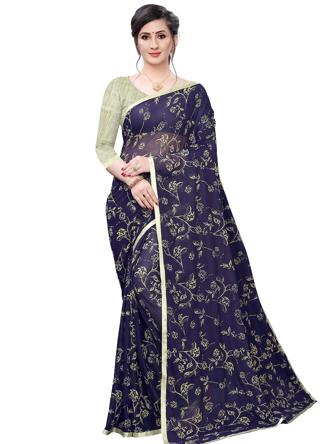 navy lycra printed saree with blouse - 17350537 -  Zoom Image - 0