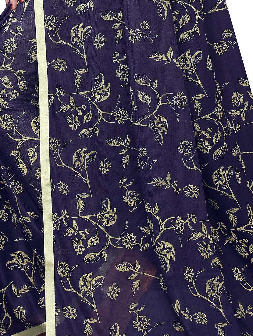 navy lycra printed saree with blouse - 17350537 - Standard Image - 3