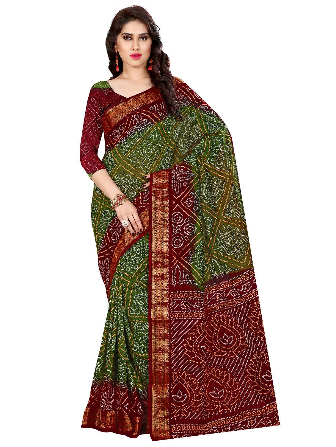women's bandhani green colored saree with blouse - 17350669 - Zoom Image - 0