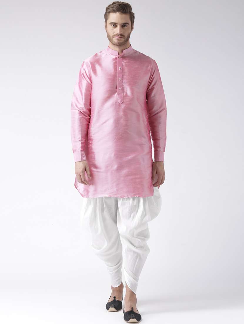 pink solid dupion medium length kurta