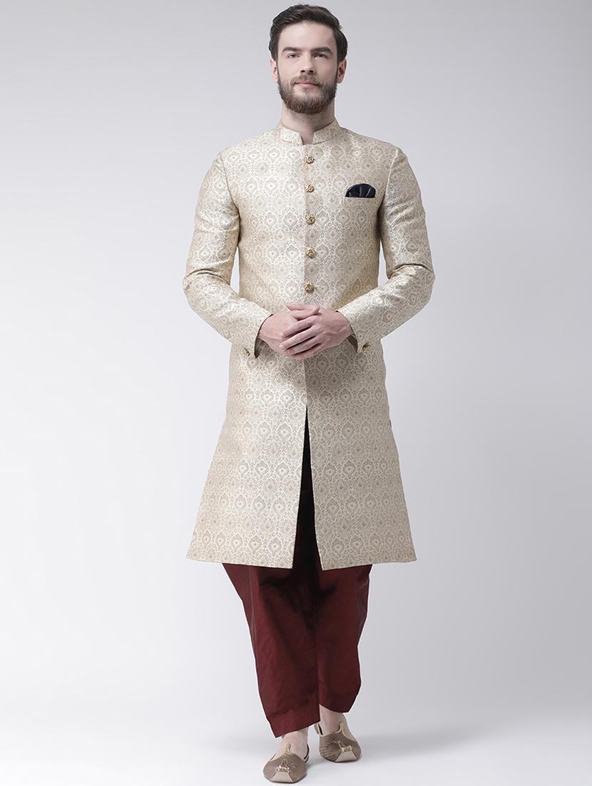 cream jacquard dupion sherwani set - 17351308 -  Zoom Image - 0