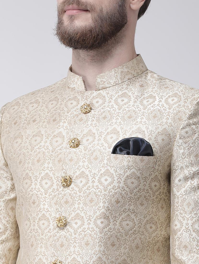 cream jacquard dupion sherwani set - 17351308 - Standard Image - 3