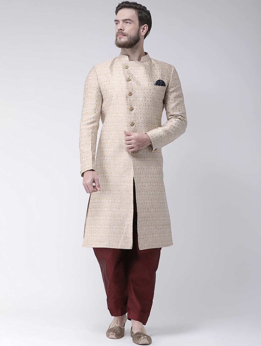 beige jacquard sherwani set - 17351310 -  Zoom Image - 0