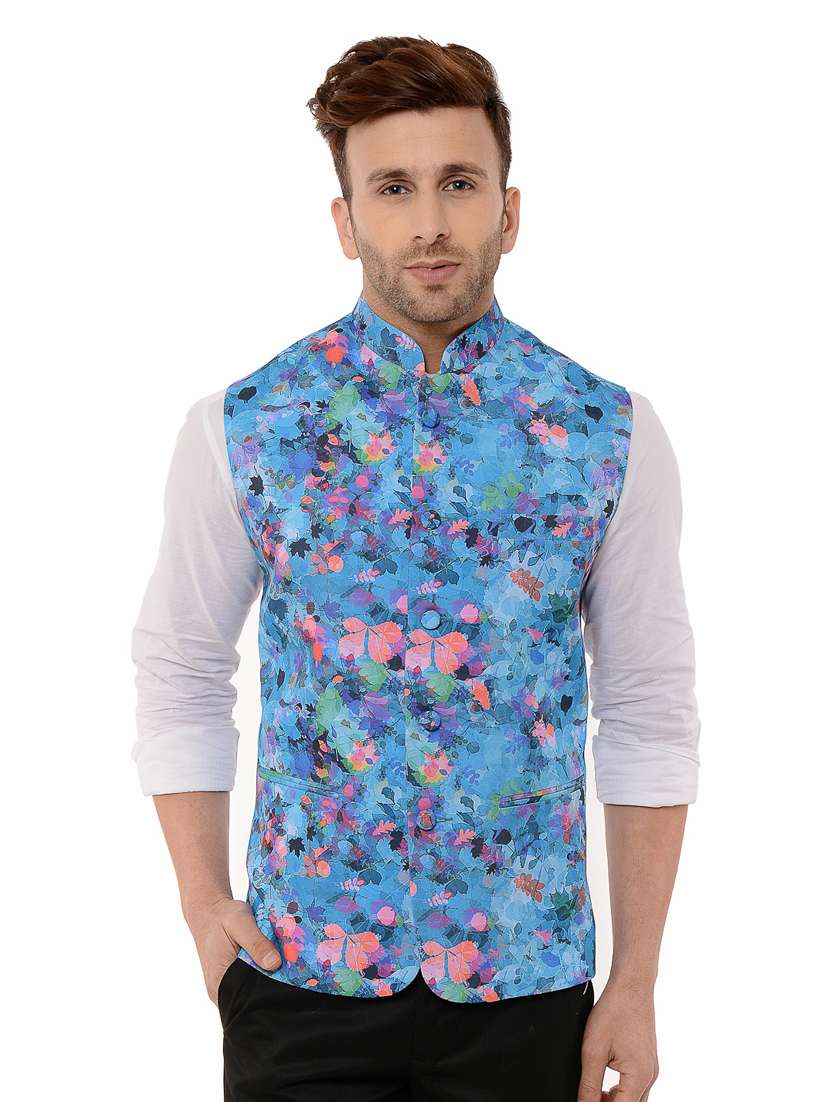 Blue Floral Print Nehru Jacket 
