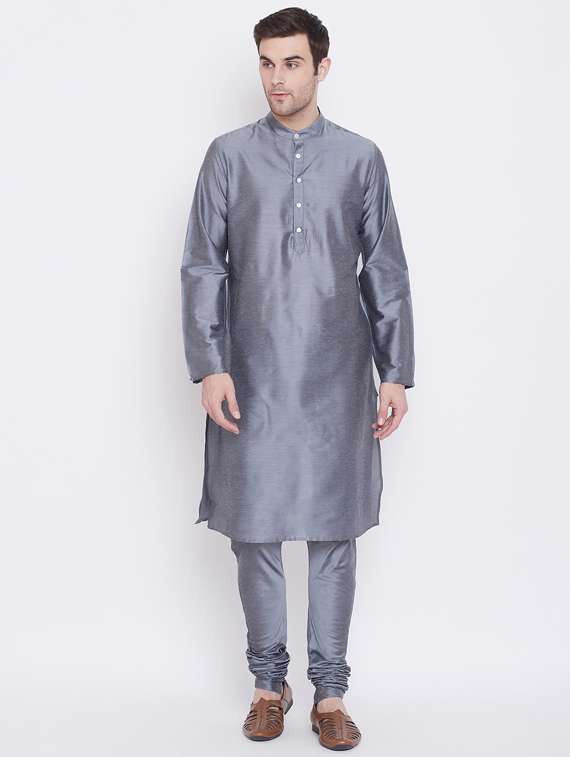 grey solid silk blend kurta pyjama set with jacquard nehru jacket  - 17352160 -  Standard Image - 3