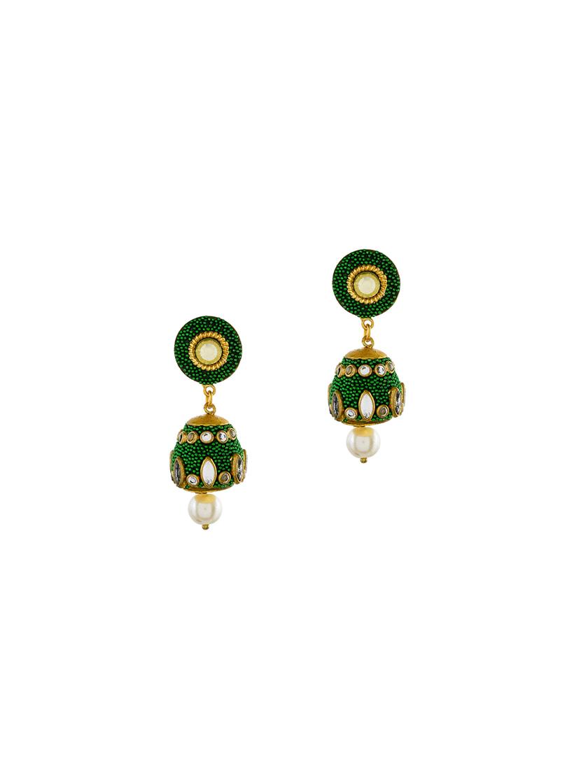 green brass jhumka earring - 17353478 -  Zoom Image - 0