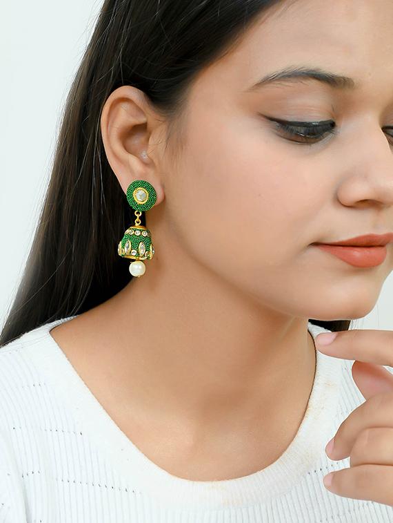 green brass jhumka earring - 17353478 - Standard Image - 3