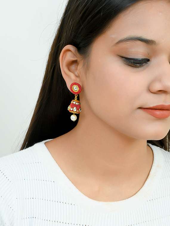red brass jhumka earring - 17353491 -  Standard Image - 3
