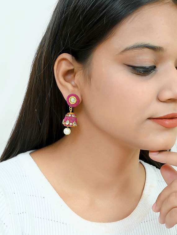 pink brass jhumka earring - 17353673 -  Standard Image - 3