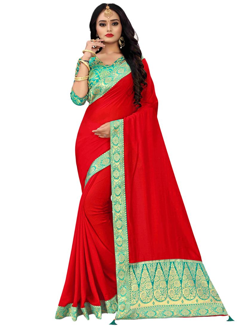 solid bordered saree with blouse - 17354690 -  Zoom Image - 0