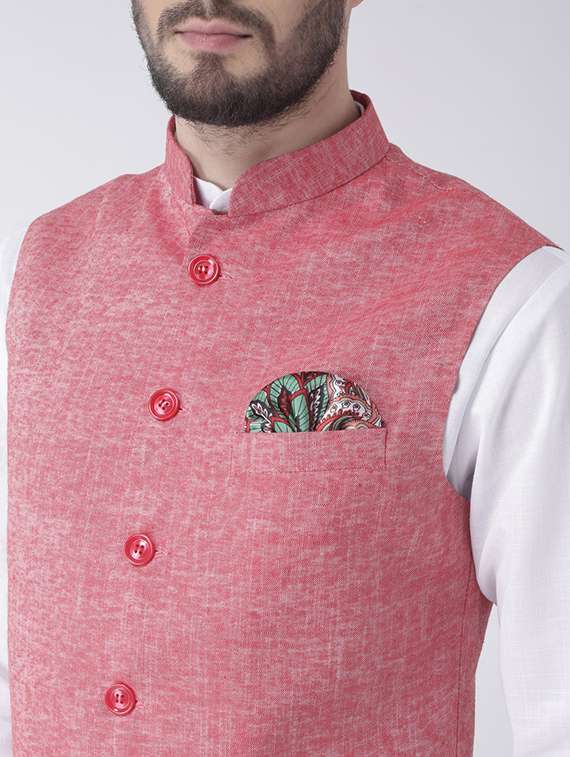 men kurta pyjama set with red solid nehru jacket - 17356717 -  Standard Image - 3