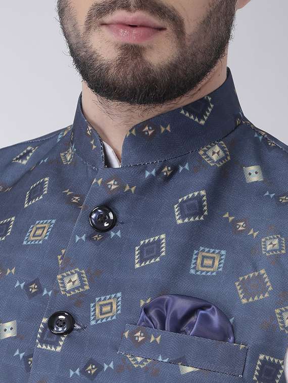 white solid kurta pyjama set with printed nehru jacket - 17356720 -  Standard Image - 3