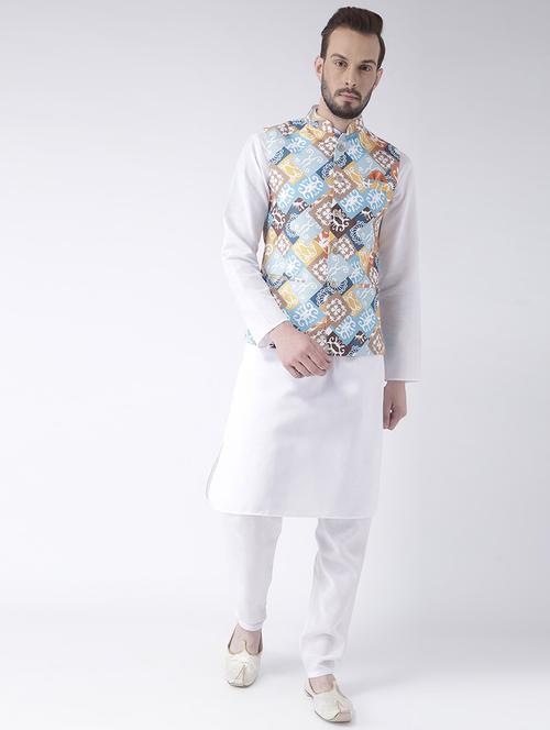 white solid kurta pyjama set with printed nehru jacket - 17356722 -  Standard Image - 0
