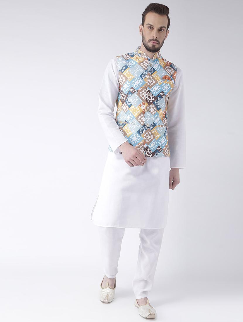 white solid kurta pyjama set with printed nehru jacket - 17356722 -  Zoom Image - 0