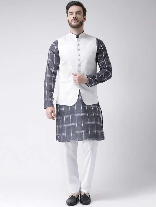 grey printed kurta pyjama set with white solid nehru jacket - 17356731 - Standard Image - 0