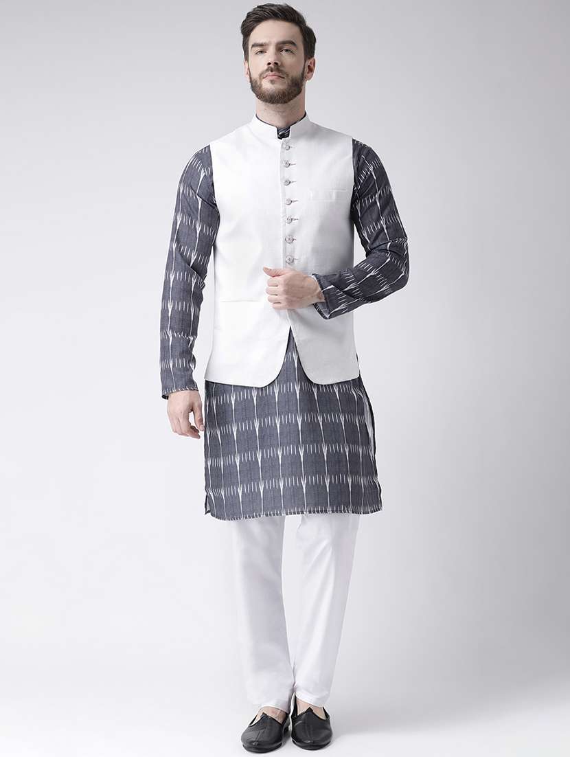 grey printed kurta pyjama set with white solid nehru jacket - 17356731 - Zoom Image - 0