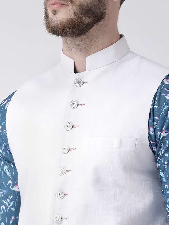 blue printed kurta pyjama set with white solid nehru jacket - 17356733 -  Standard Image - 3