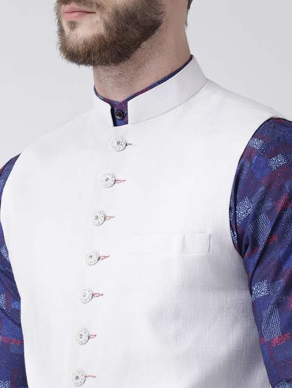 blue checkered kurta pyjama set with white solid nehru jacket - 17356735 -  Standard Image - 3
