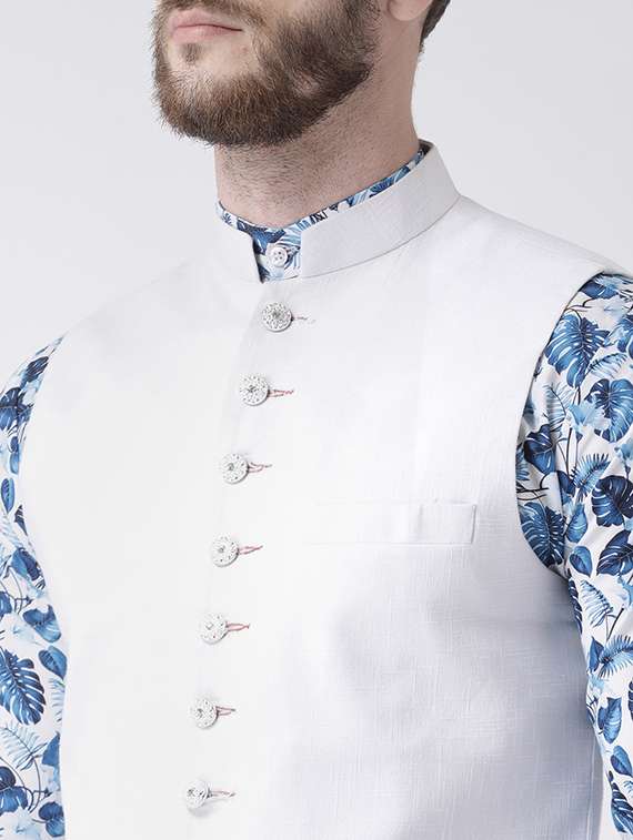 blue printed kurta pyjama set with white solid nehru jacket - 17356738 -  Standard Image - 3