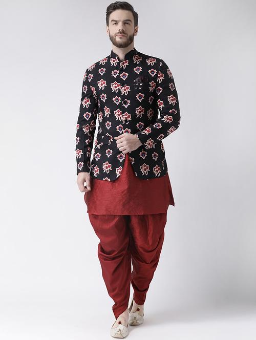 maroon solid dhoti kurta set with printed bandhgala jacket - 17356747 - Standard Image - 0