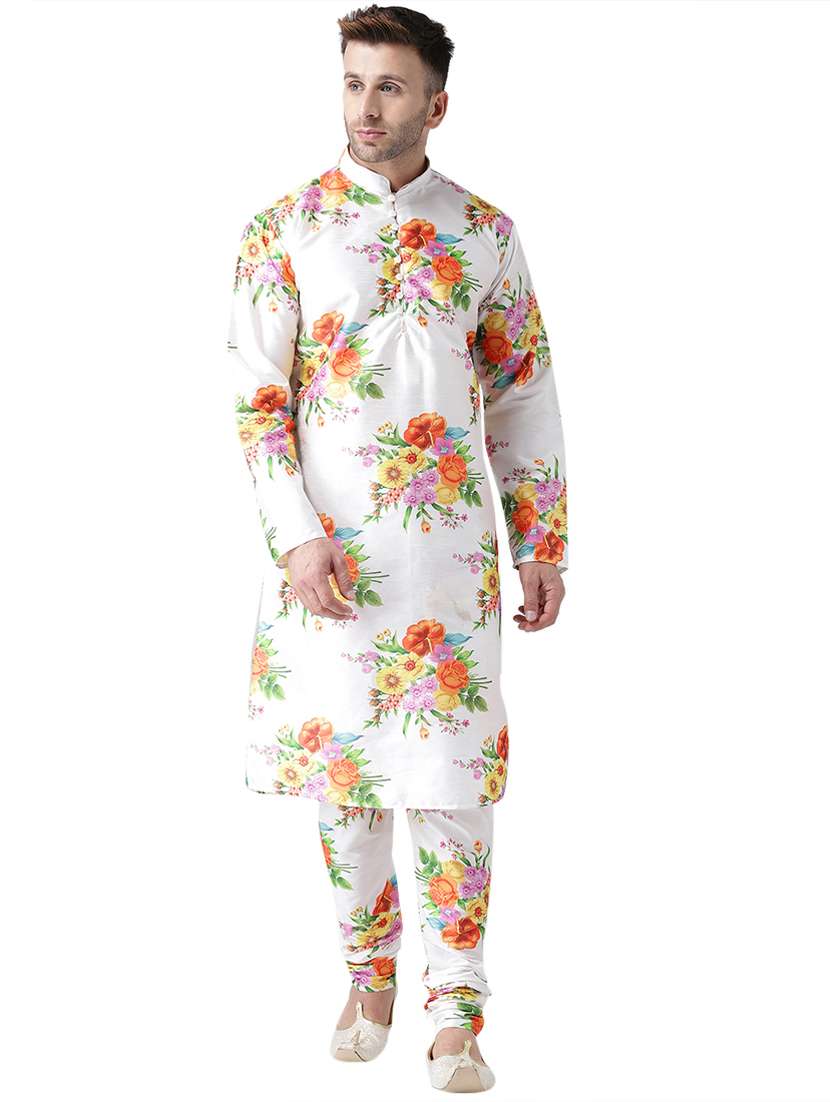 white floral print silk blend kurta pyjama set - 17356850 -  Zoom Image - 0